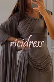Solid Color Satin Sleeveless Waist Elegant Pleated Ribbon Maxi Dress