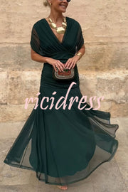 Unique Printed V-Neck Waisted Mesh Holiday Maxi Dress