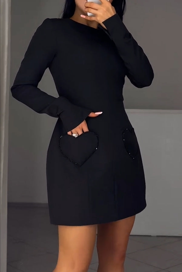 Anna Sparkling Gemstone Trim Heart Pocket Long Sleeve Mini Dress
