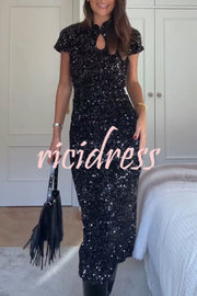 Cheongsam Style Velvet Sequin Stand Neck Short Sleeve Slit Midi Dress