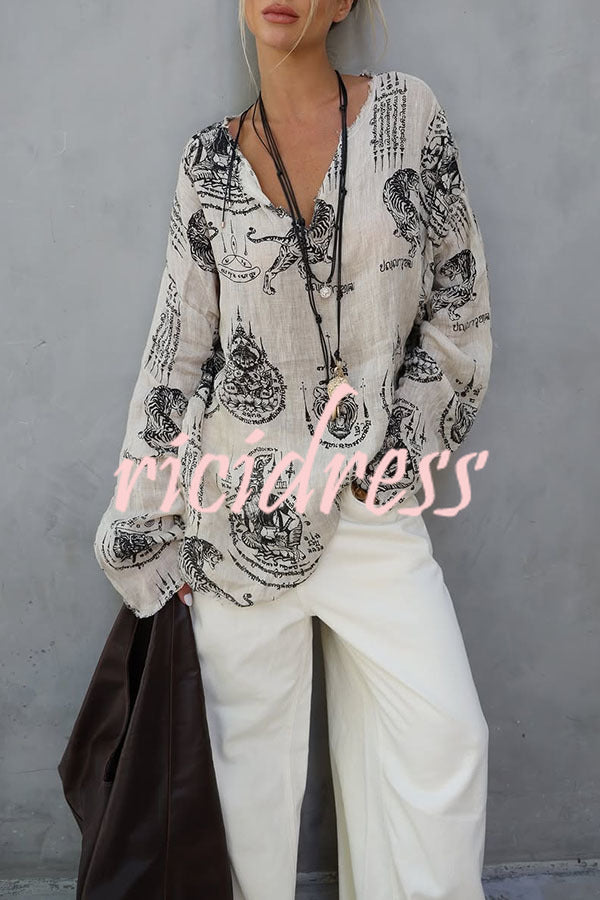 Natural Vibe Linen Blend Unique Print Long Sleeve Loose Shirt