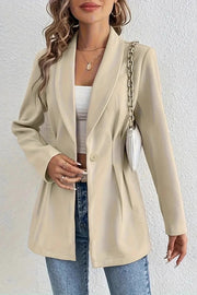 Solid Color Lapel Long Sleeve Elegant Pleated Waist Blazer