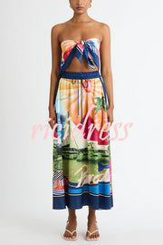 Seaside Holiday Satin Unique Print Knotted Scarf Top and Elastic Waist Loose Maxi Skirt Set