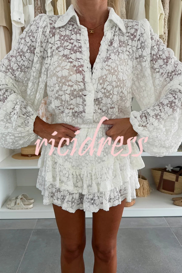 Nicola Lace Long Balloon Sleeve Blouse and Elastic Waist Layered Skort Set
