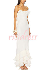 Alisin Pleated Chiffon Wavy Ruffles Trim Slip Maxi Dress