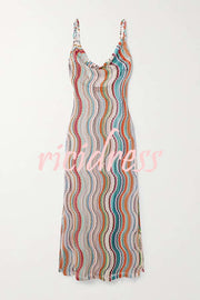 Clarissa Knit Colorful Wave Print Cowl Neck Open Back Slit Maxi Dress