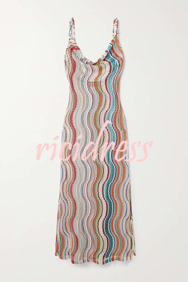 Clarissa Knit Colorful Wave Print Cowl Neck Open Back Slit Maxi Dress