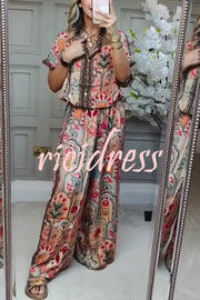 Unique Printed Loose Short-sleeved Top and Elastic Waist Casual Wide-leg Pants Set