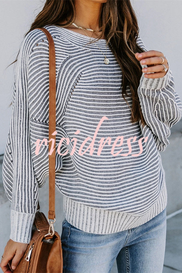 Knitted Striped Round Neck Dolman Sleeve Casual Loose Sweater