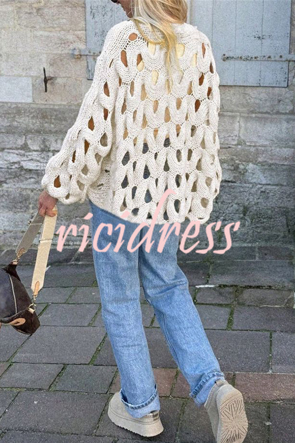 Solid Color Casual Hollow Long-sleeved Holiday Knitted Sweater