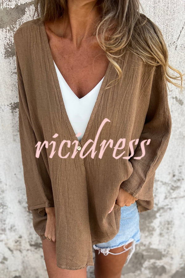 Solid Color V-neck Loose Long-sleeved Button Top