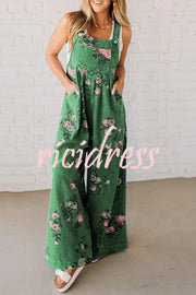 Fashion Floral Print Casual Button Pocket Loose Denim Overalls