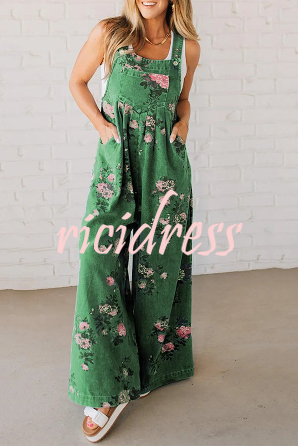 Fashion Floral Print Casual Button Pocket Loose Denim Overalls