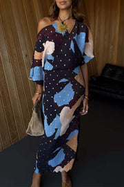 Mara Pleated Fabric Metallic Speckled Color Block Print One Shoulder Maxi Dress