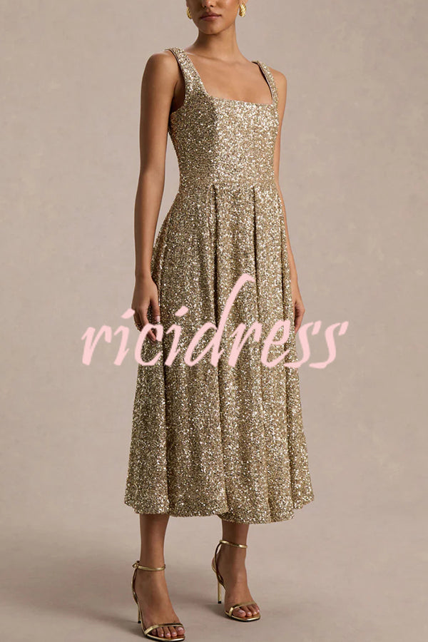 Effortless Sparkle Sequin Square Neck Wide Strap A-Line Midi Dress