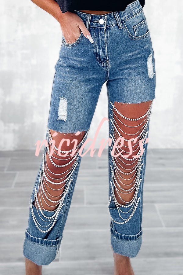 Casual Pocket Ripped Chain Embellished Straight Jeans