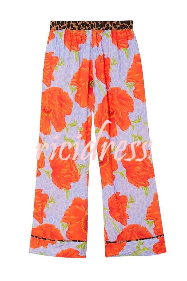 Color-block Poppy Leopard Print Trim Loose Shirt and Elastic Waist Pocketed Pajama Set