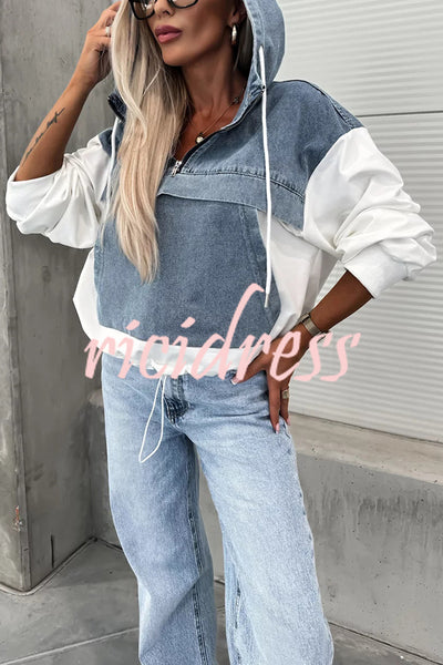 All The Time Denim Patchwork Soft Fabric Kangaroo Pocket Loose Hoodie