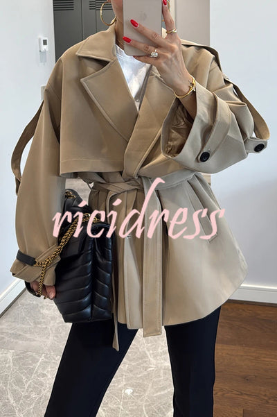 Modern Urban Dropped Shoulder Strap Button Detail Belted Lapel Loose Trench Coat