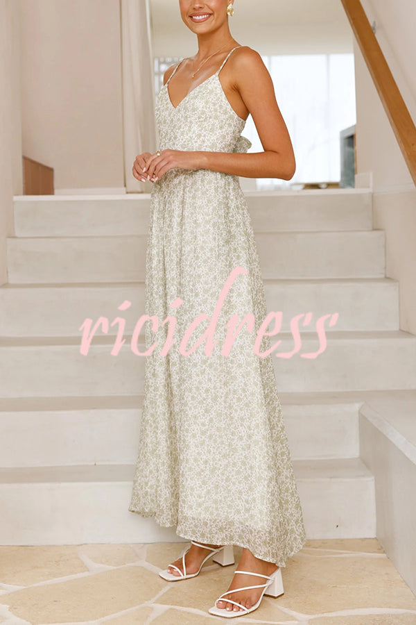 Floral Print V-Neck Sleeveless Back Tie Pocket Maxi Dress