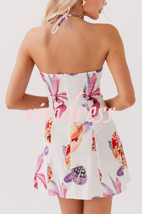 Seaside Bouquet Linen Blend Shells Unique Print Halter Mini Dress