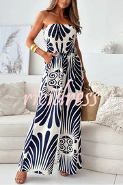 Unique Printed Off-shoulder Pleated Casual Wide-leg Jumpsuit