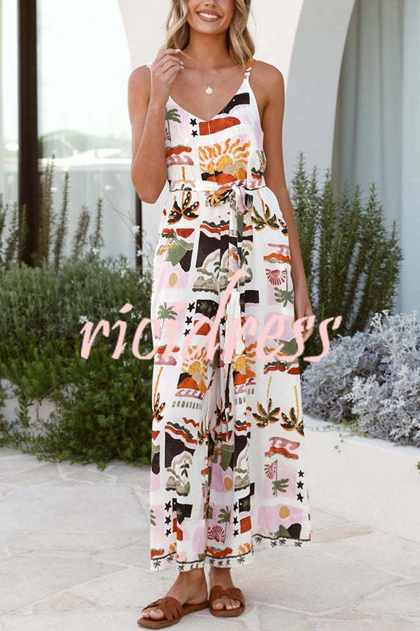 Unique Beach Vacation Print V-neck Suspenders Casual Wide-leg Jumpsuit