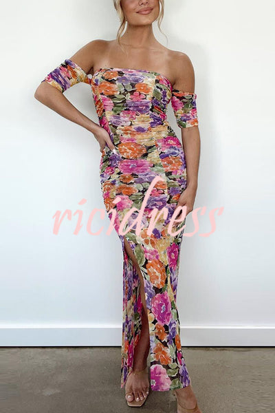Perfect Guest Look Floral Off Shoulder Ruched Slit Maxi Dress