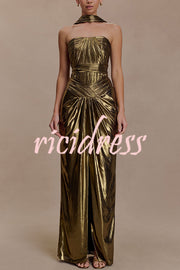 Clemence Plisse Metallic Fabric Reverse Halter Beck Strap Drape Slit Maxi Dress