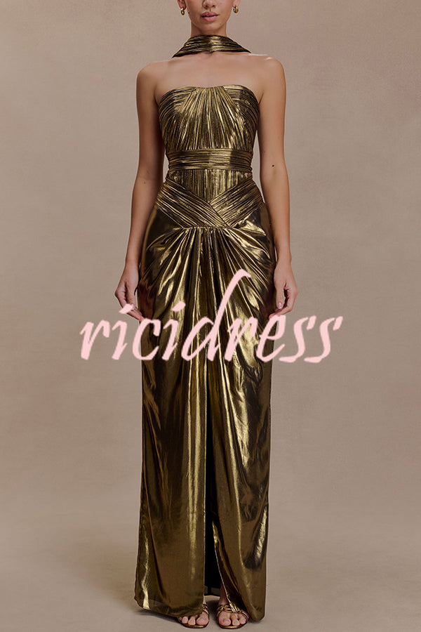 Clemence Plisse Metallic Fabric Reverse Halter Beck Strap Drape Slit Maxi Dress
