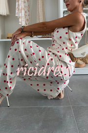 Koreen Polka Dot Round Neck Button Vest and High Rise Pocket Straight Pants Set