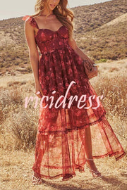 Romantic and Elegant Mesh Floral Back Smocked Tiered Ruffle Maxi Dress