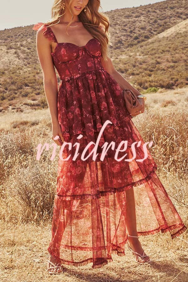 Romantic and Elegant Mesh Floral Back Smocked Tiered Ruffle Maxi Dress