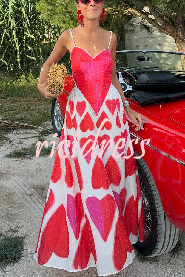 Full of Love Heart Shape Print Cutout Spaghetti Strap Backless Maxi Dress