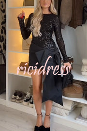 Forever New Sequin Long Sleeve Oversized Bow Drape Mini Dress