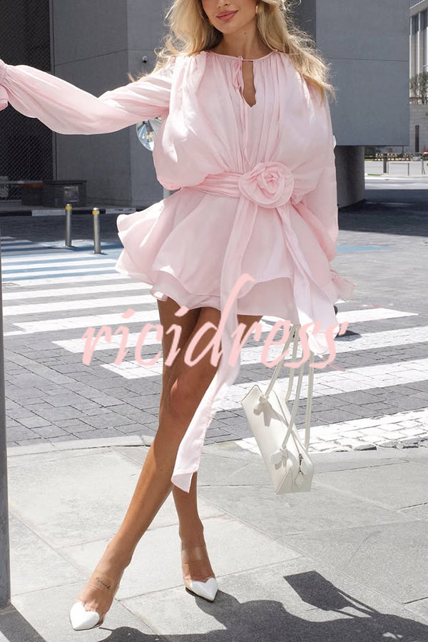 Solid Color Long Sleeve V-Neck Lace-Up Elegant Flower Decorated Mini Dress