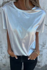 Metallic Solid Color Round Neck Short-sleeved Loose T-shirt