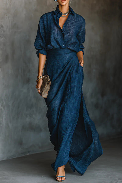 Solid Color Loose-fitting Collared Long-sleeved Shirt and Elegant Pleated Maxi Skirt Set