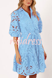 Solid Color Lace Cutout Balloon Sleeves and Waist Tie Mini Dress