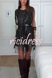 Modern Times Faux Leather Layered Tassel Design Sleeveless H-line Mini Dress