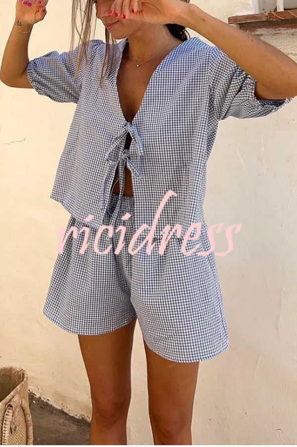 Fresh and Sweet Plaid Front Lace-up Puff Sleeve Top and Elastic Waist Shorts Set