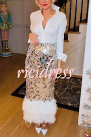 Playful Sparkling Large Sequin Faux Fur Tassel Hem Elastic Waist Maxi Skirt