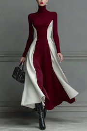 Stylish Color-blocked Turtleneck Long-sleeved Slim-fit Midi Dress
