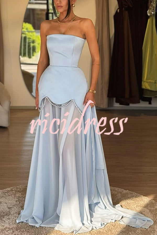 Jiya Satin Petal Hem Pearl Detail Chiffon Cape Strapless Maxi Dress
