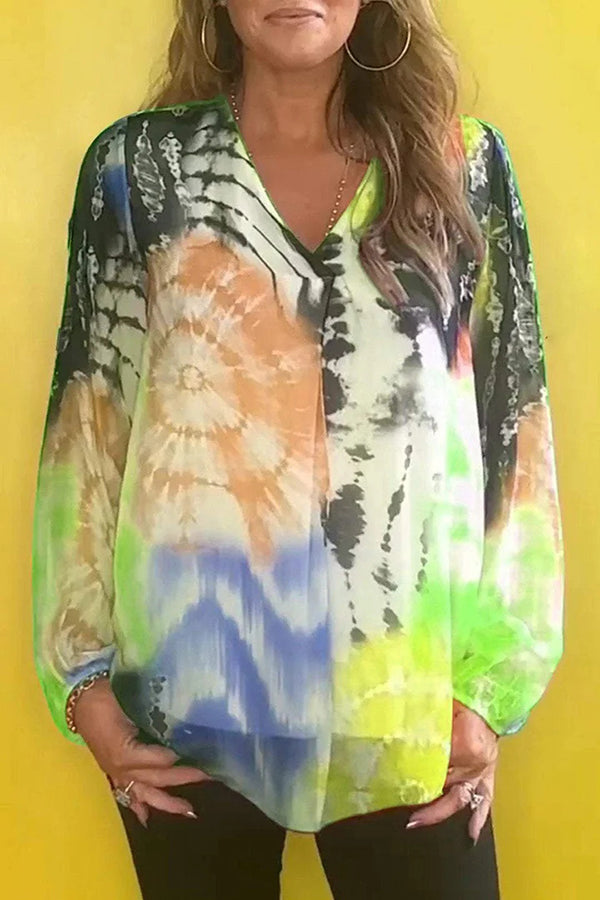 Fashionable Gradient Tie-dye V-neck Long-sleeved Casual Shirt