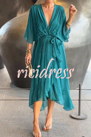 Solid Color V-neck Bat Sleeve Lace-up Irregular Hem Midi Dress