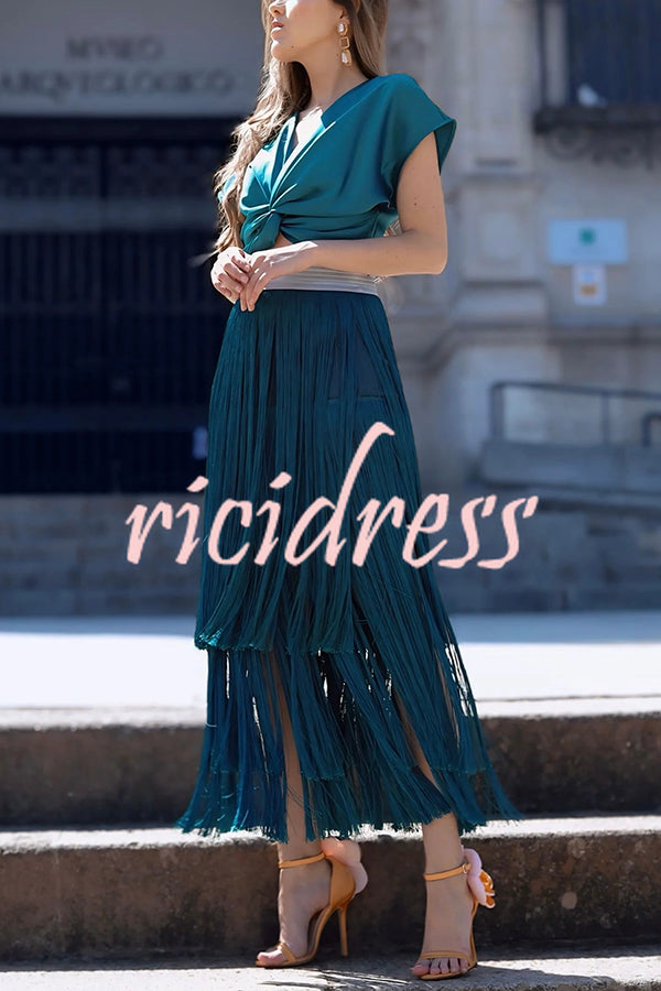 Elegant Tassel Hem Elastic Waist Casual Maxi Skirt