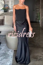 Attend The Gala Strapless Corset Satin Ruched Hip Drape Maxi Dress