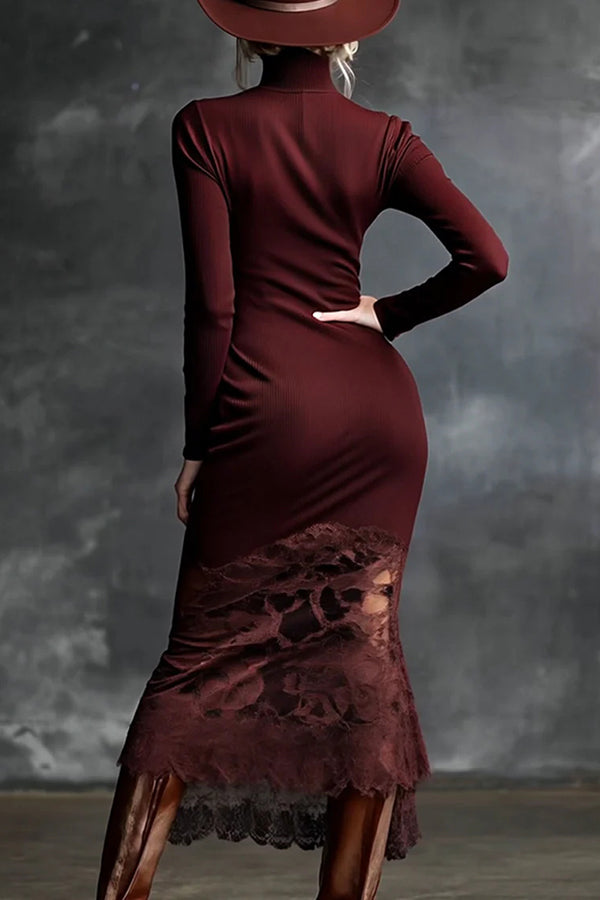 Elegant High-neck Long-sleeved Lace-hemmed Fitted Knit Midi Dress