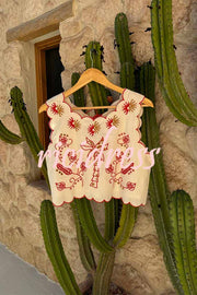 Sunny Day Linen Blend Contrast Embroidered Print Scallop Trim Lace-up Top